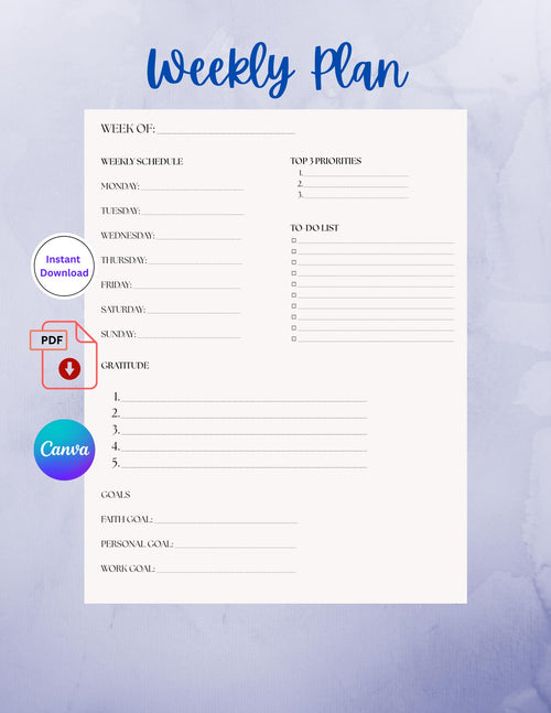 Faith Focus Weekly Planner, Minimalist Schedule, Goals, Gratitude (Canva PDF Download)