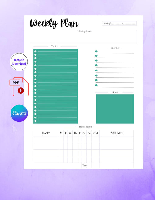 Minimalist Weekly Planner, Habit Tracker, Productivity Tool (Canva Editable PDF)